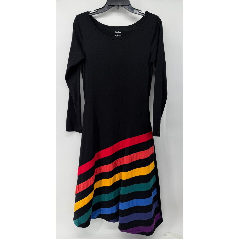 Svaha Black Rainbow Stripe Organic Cotton Midi Dress with Pockets Small Long Slv
